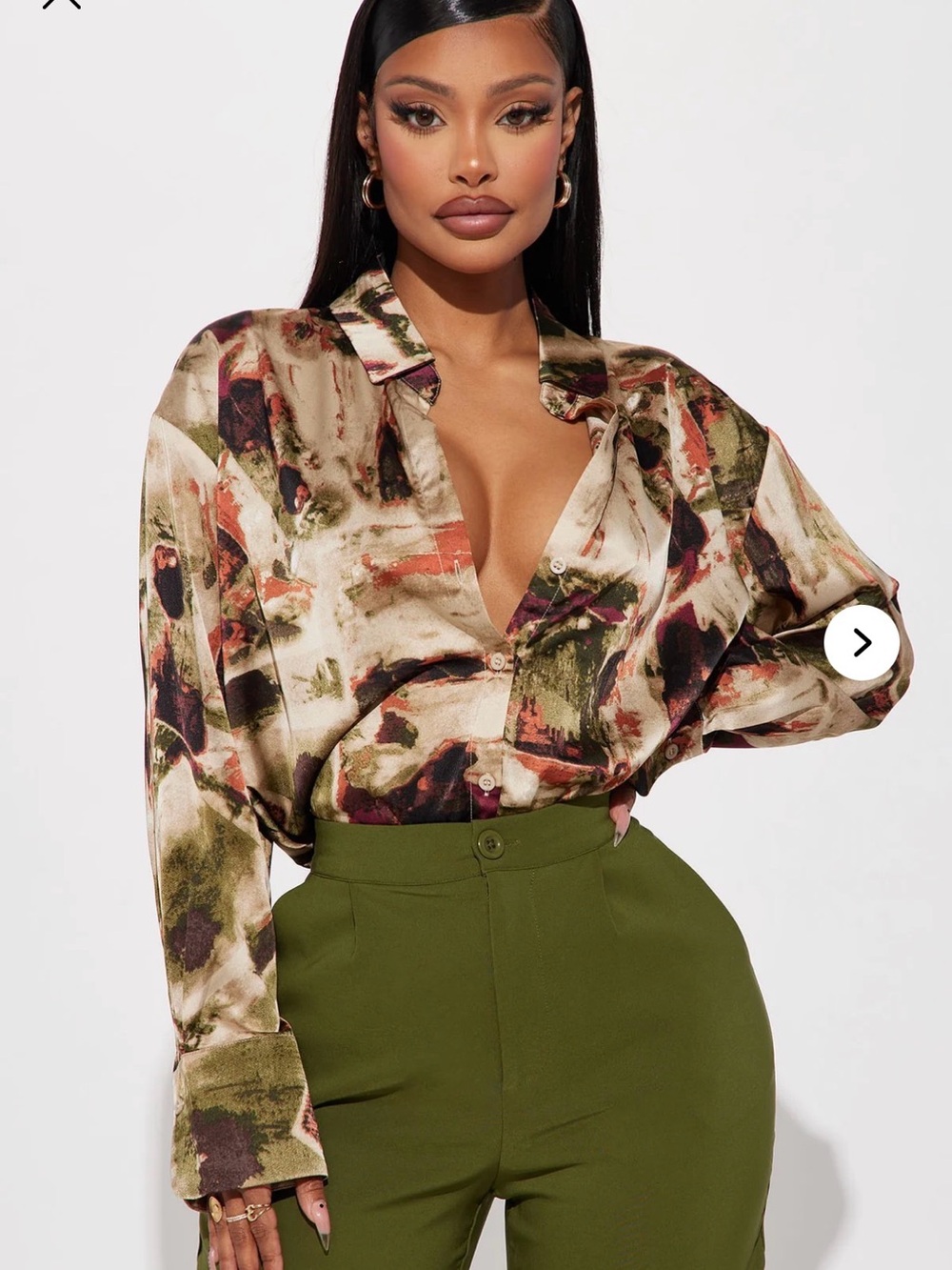 Fashion Nova Abstract Satin Button-Down Top in Olive, Cream and Rust